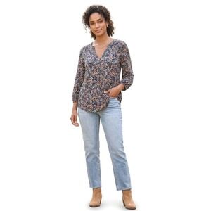Vince Camuto Womens Navy Blue Ditsy Floral V-Neck 3/4 Sleeve Blouse Top Medium